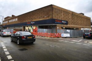 Traffic Barriers And Signage Outside Of A Tesco Metro in Oxford During Construction