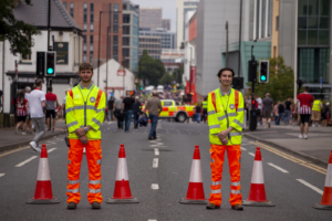 Two Traffic Management Company Staff Members Stood along with Traffic Cones At A Road Closure